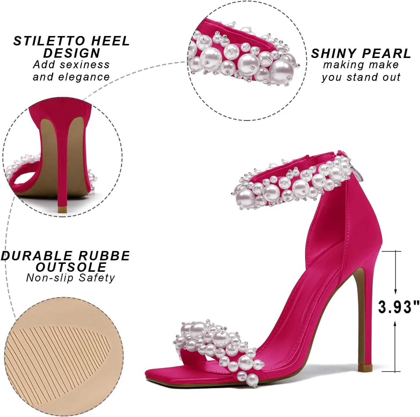 Women's Pearl Stiletto Heels Open Square Toe sparkly heels Ankle Back Zipper bridal heels Satin Wedding Sexy prom heels Party Dressy Shoes