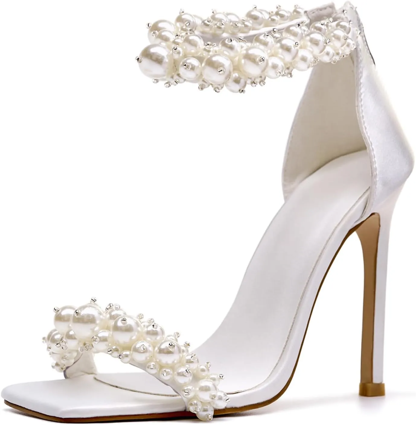 Women's Pearl Stiletto Heels Open Square Toe sparkly heels Ankle Back Zipper bridal heels Satin Wedding Sexy prom heels Party Dressy Shoes