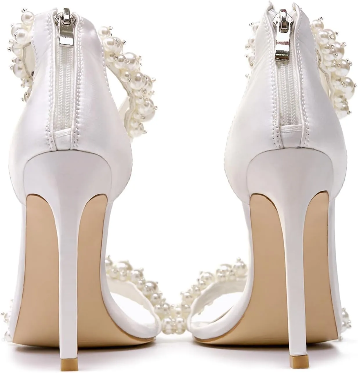 Women's Pearl Stiletto Heels Open Square Toe sparkly heels Ankle Back Zipper bridal heels Satin Wedding Sexy prom heels Party Dressy Shoes
