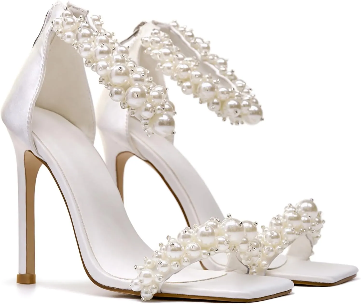 Women's Pearl Stiletto Heels Open Square Toe sparkly heels Ankle Back Zipper bridal heels Satin Wedding Sexy prom heels Party Dressy Shoes
