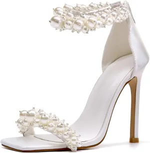 Women's Pearl Stiletto Heels Open Square Toe sparkly heels Ankle Back Zipper bridal heels Satin Wedding Sexy prom heels Party Dressy Shoes