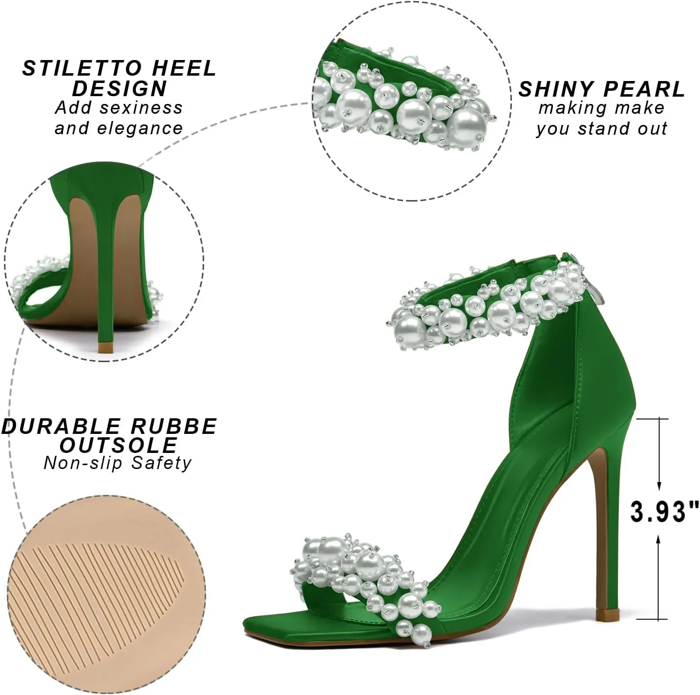 Women's Pearl Stiletto Heels Open Square Toe sparkly heels Ankle Back Zipper bridal heels Satin Wedding Sexy prom heels Party Dressy Shoes