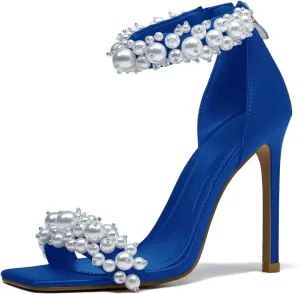Women's Pearl Stiletto Heels Open Square Toe sparkly heels Ankle Back Zipper bridal heels Satin Wedding Sexy prom heels Party Dressy Shoes