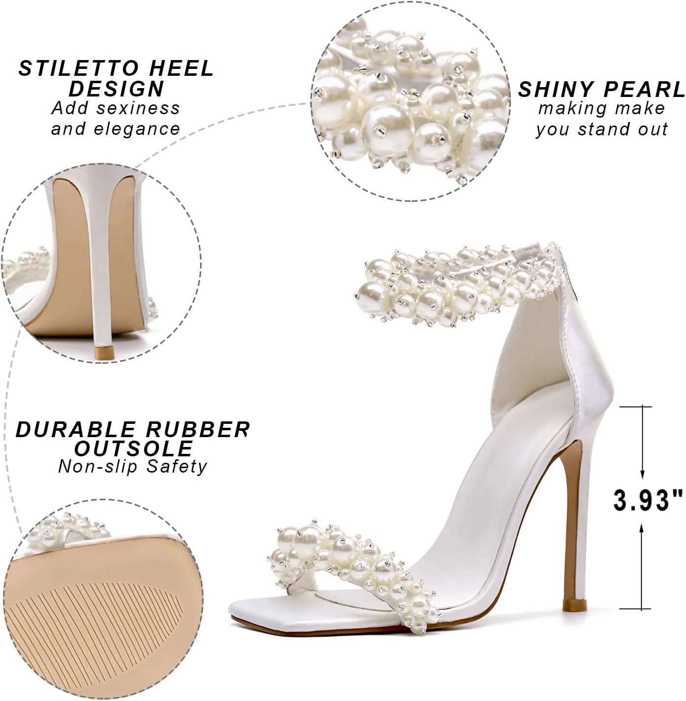Women's Pearl Stiletto Heels Open Square Toe sparkly heels Ankle Back Zipper bridal heels Satin Wedding Sexy prom heels Party Dressy Shoes