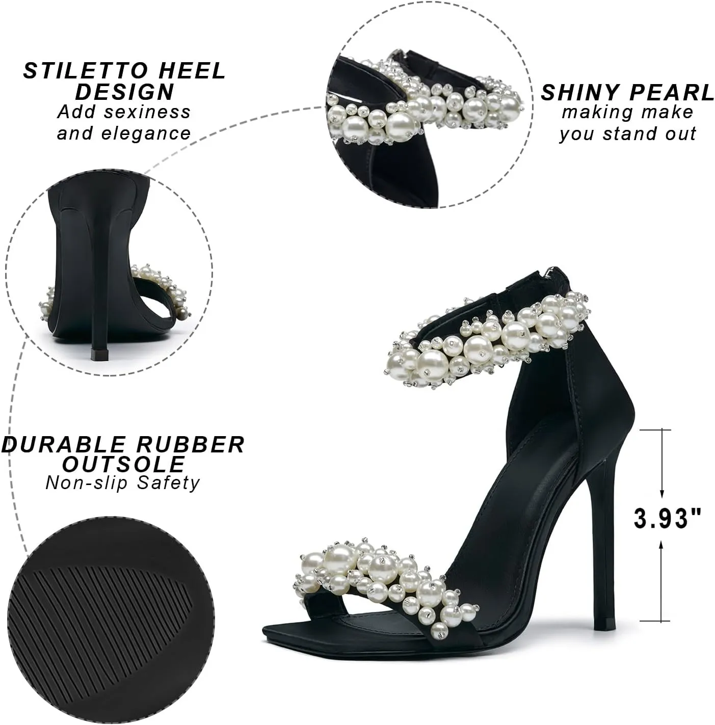Women's Pearl Stiletto Heels Open Square Toe sparkly heels Ankle Back Zipper bridal heels Satin Wedding Sexy prom heels Party Dressy Shoes