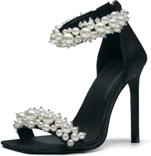 Women's Pearl Stiletto Heels Open Square Toe sparkly heels Ankle Back Zipper bridal heels Satin Wedding Sexy prom heels Party Dressy Shoes