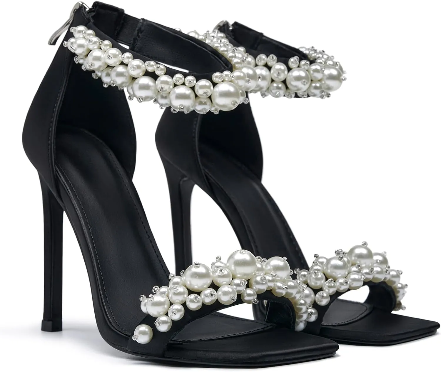 Women's Pearl Stiletto Heels Open Square Toe sparkly heels Ankle Back Zipper bridal heels Satin Wedding Sexy prom heels Party Dressy Shoes