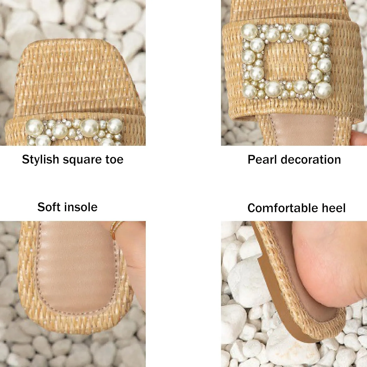 Women's Pearl Weave Wide Width Flat Slides Sandals Fashion Non-Slip Square Toe Slip On Summer Walking Slippers for Indoor Outdoor Beach Daily Wear