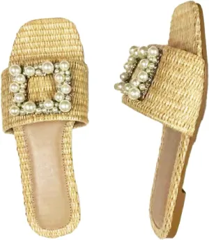 Women's Pearl Weave Wide Width Flat Slides Sandals Fashion Non-Slip Square Toe Slip On Summer Walking Slippers for Indoor Outdoor Beach Daily Wear