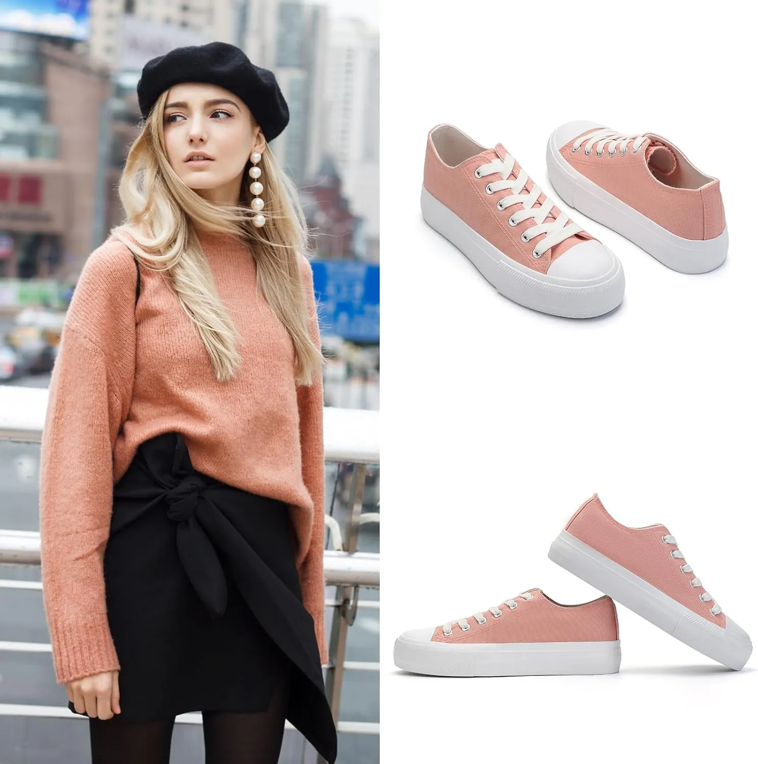 Womens Platform Canvas Shoes Low Top and High Top Canvas Sneakers Lace-up Fashion Casual Shoes for Women