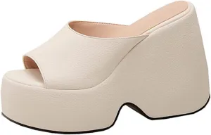 Women's Platform Mules with High Heel Slip On Round Toe Wedge Heel Sandals