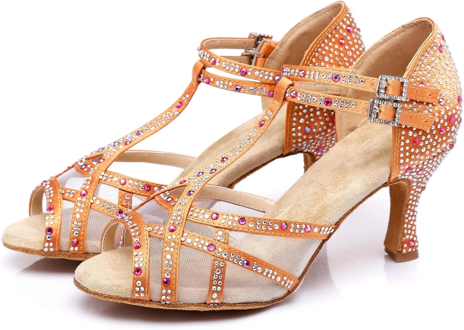 Womens Professional Dancing Shoes with Rhinestones Mesh Elegant Wedding Formal Sandals