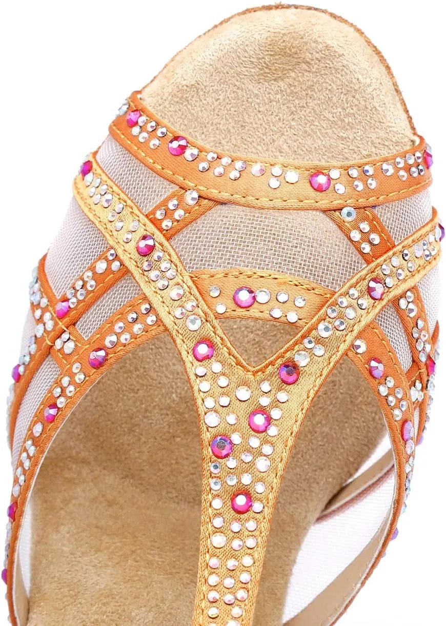 Womens Professional Dancing Shoes with Rhinestones Mesh Elegant Wedding Formal Sandals