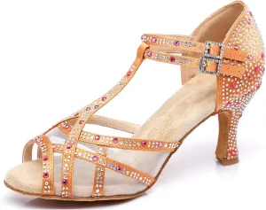 Womens Professional Dancing Shoes with Rhinestones Mesh Elegant Wedding Formal Sandals