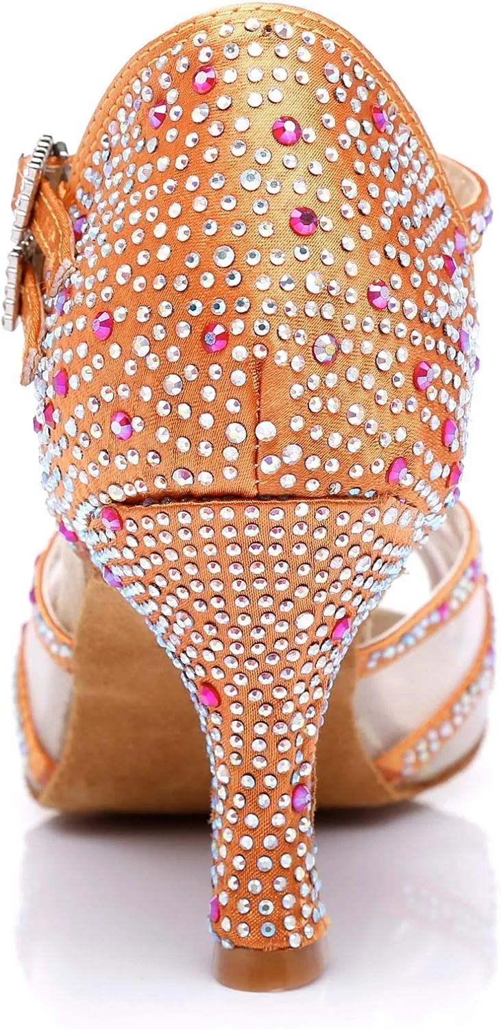 Womens Professional Dancing Shoes with Rhinestones Mesh Elegant Wedding Formal Sandals