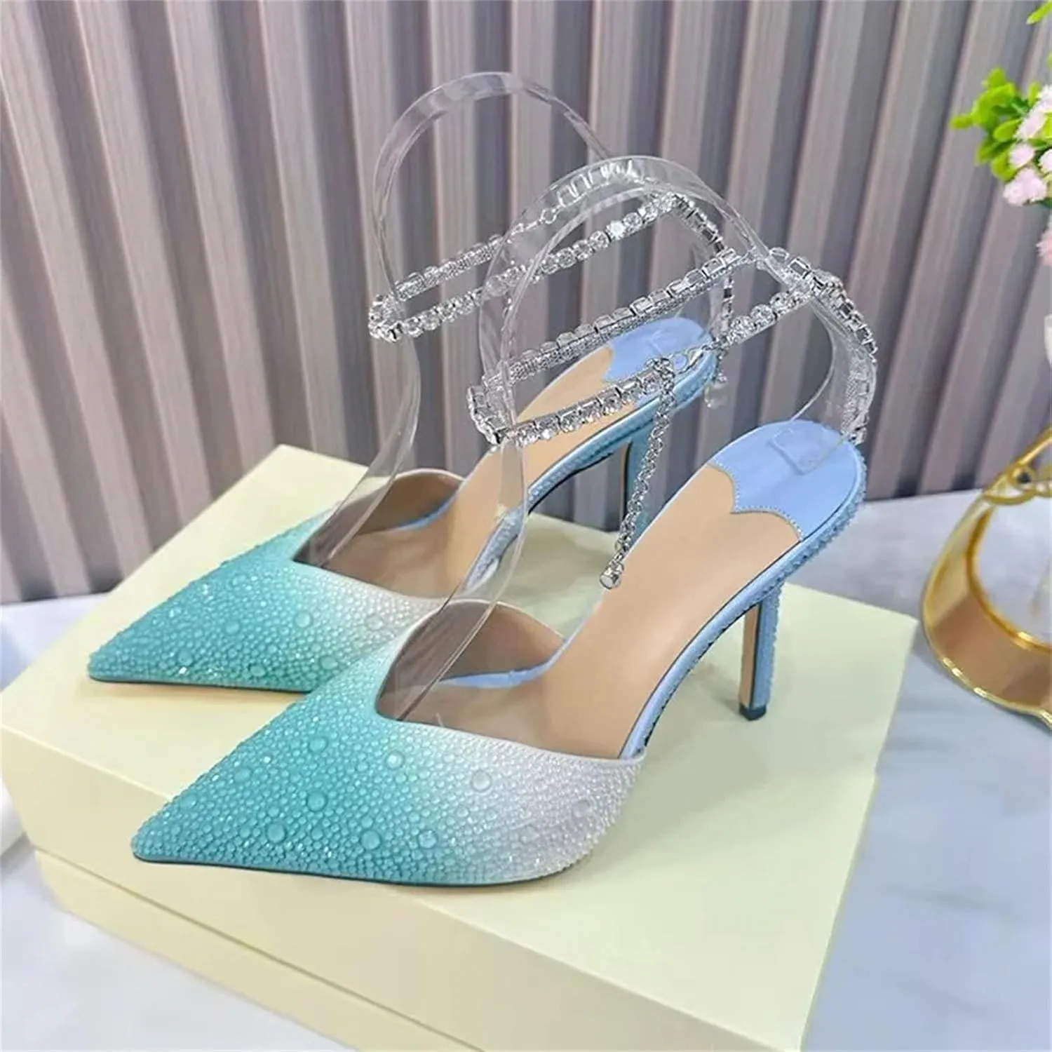 Women's Rhinestone Chain Ankle Strap Stiletto Sandals, Pointed Toe Summer High Heels