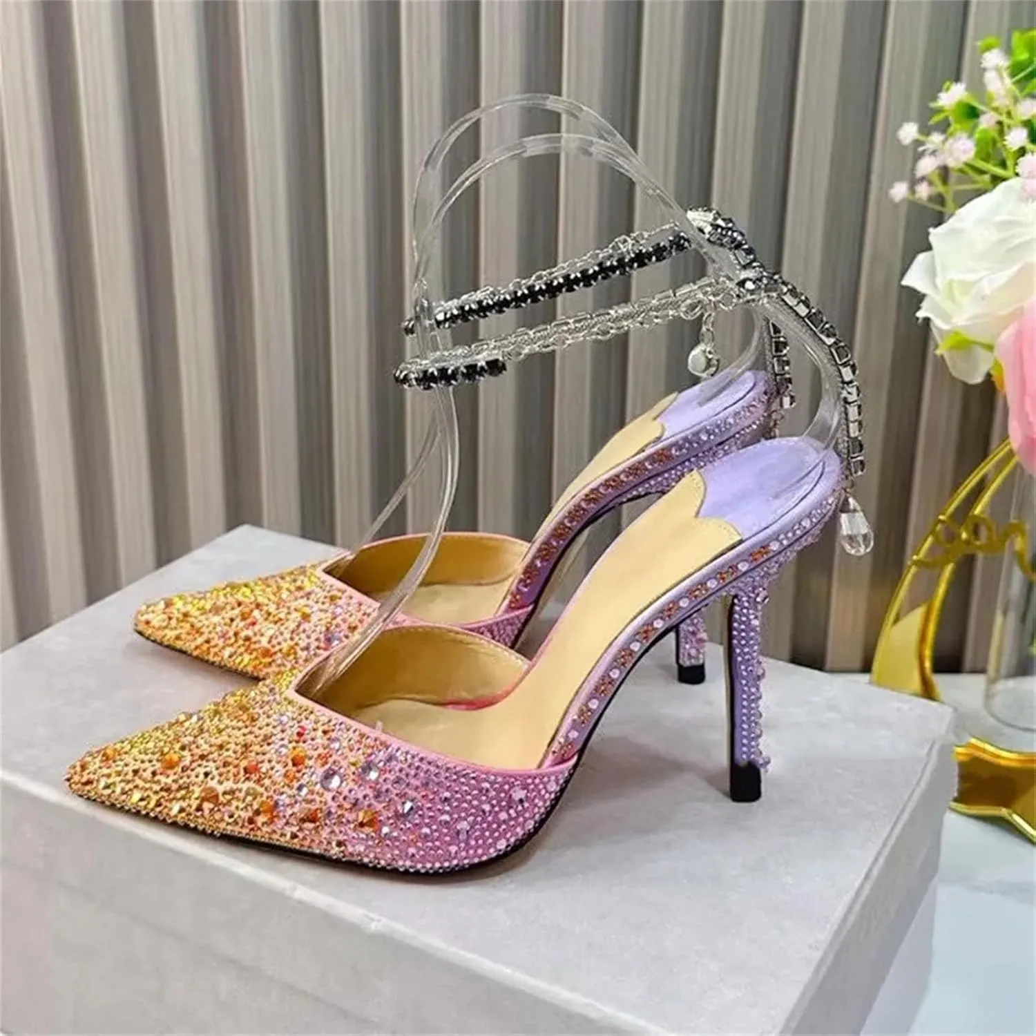 Women's Rhinestone Chain Ankle Strap Stiletto Sandals, Pointed Toe Summer High Heels