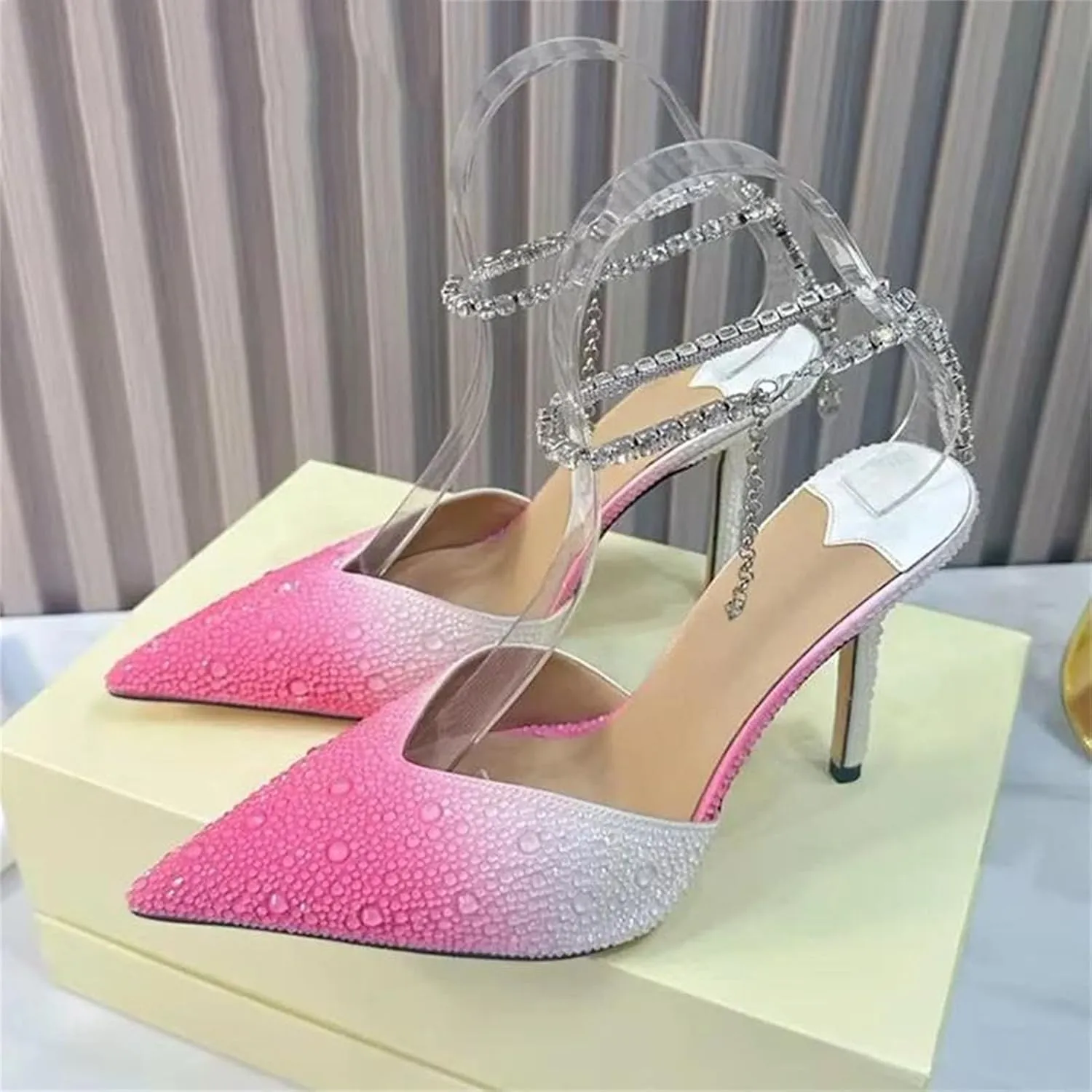 Women's Rhinestone Chain Ankle Strap Stiletto Sandals, Pointed Toe Summer High Heels