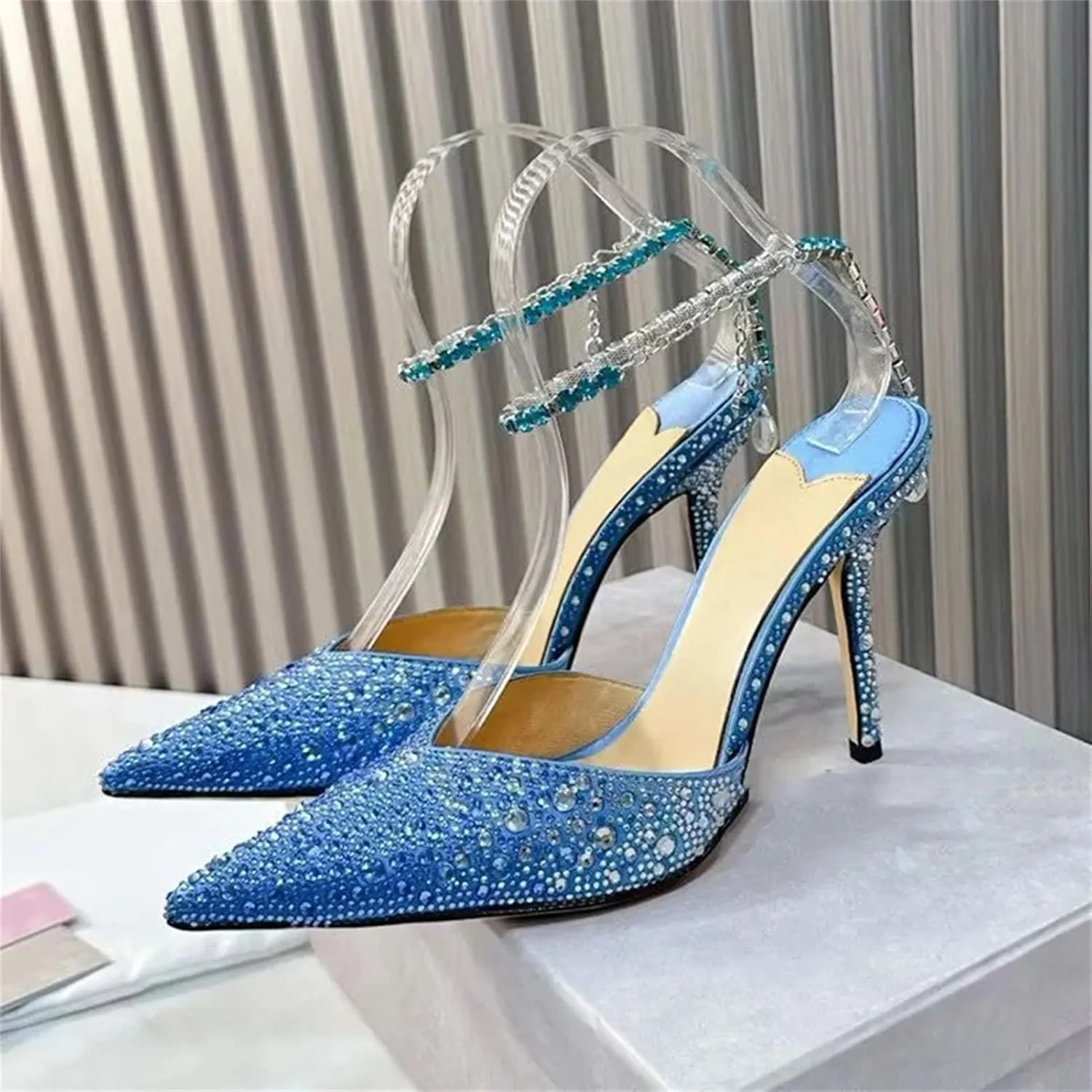 Women's Rhinestone Chain Ankle Strap Stiletto Sandals, Pointed Toe Summer High Heels