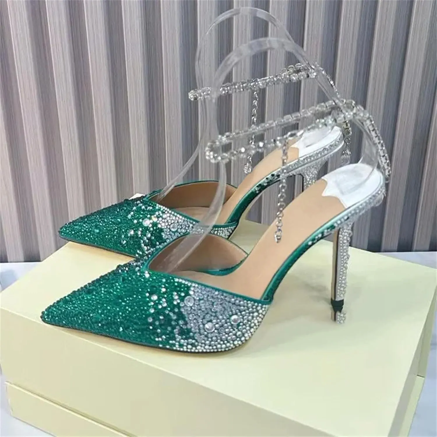 Women's Rhinestone Chain Ankle Strap Stiletto Sandals, Pointed Toe Summer High Heels