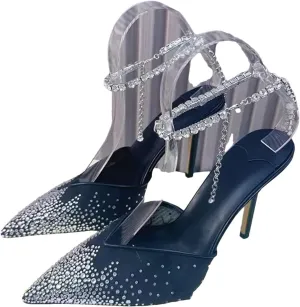 Women's Rhinestone Chain Ankle Strap Stiletto Sandals, Pointed Toe Summer High Heels