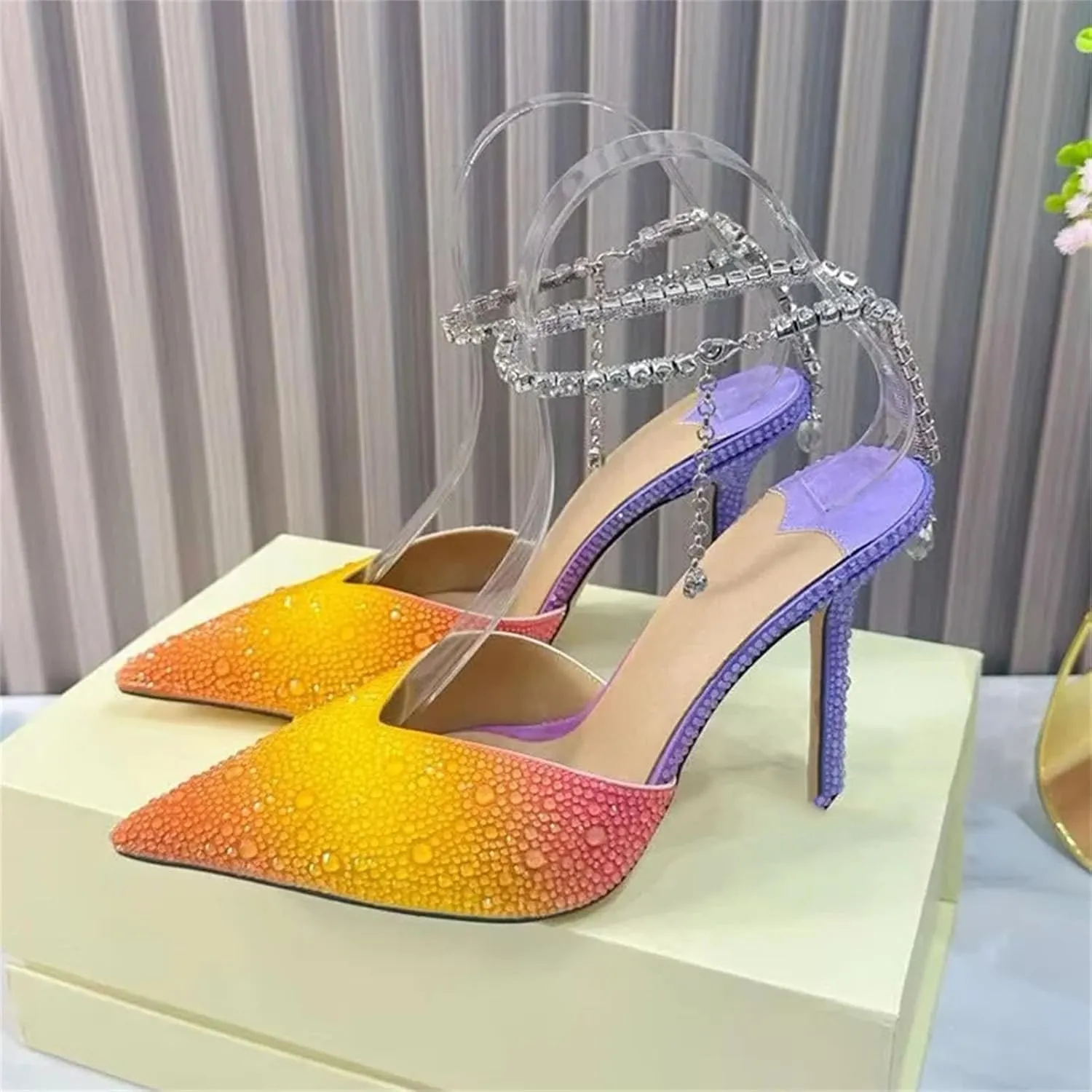 Women's Rhinestone Chain Ankle Strap Stiletto Sandals, Pointed Toe Summer High Heels