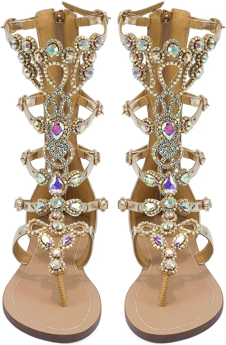 Women's Rhinestone Gladiator Sandals Stylish Flats for Summer Beach Weddings