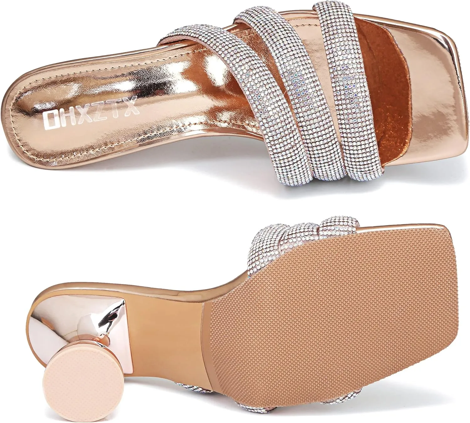 Women's Rhinestone Square Heeled Sandals Slip On Peep Toe Chunky Block Kitten High Heels Mules Slippers Slides Fashion Wedding Dress Backless Pump Shoes