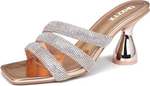 Women's Rhinestone Square Heeled Sandals Slip On Peep Toe Chunky Block Kitten High Heels Mules Slippers Slides Fashion Wedding Dress Backless Pump Shoes