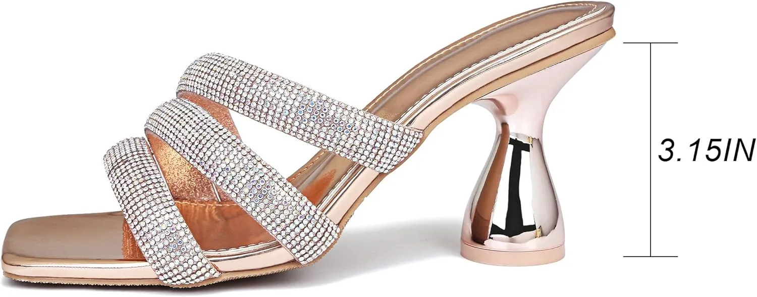 Women's Rhinestone Square Heeled Sandals Slip On Peep Toe Chunky Block Kitten High Heels Mules Slippers Slides Fashion Wedding Dress Backless Pump Shoes