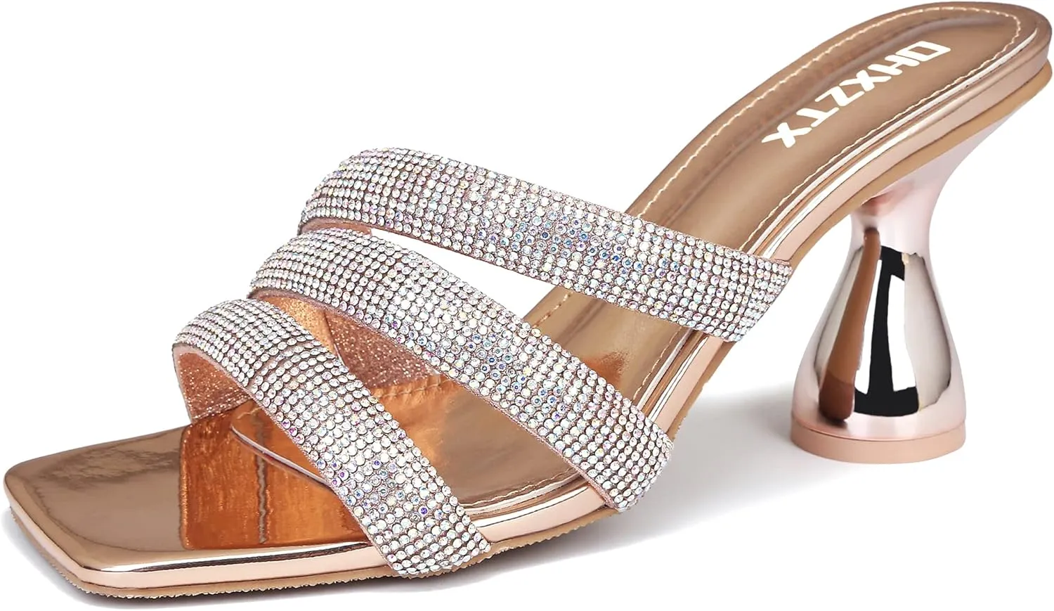 Women's Rhinestone Square Heeled Sandals Slip On Peep Toe Chunky Block Kitten High Heels Mules Slippers Slides Fashion Wedding Dress Backless Pump Shoes