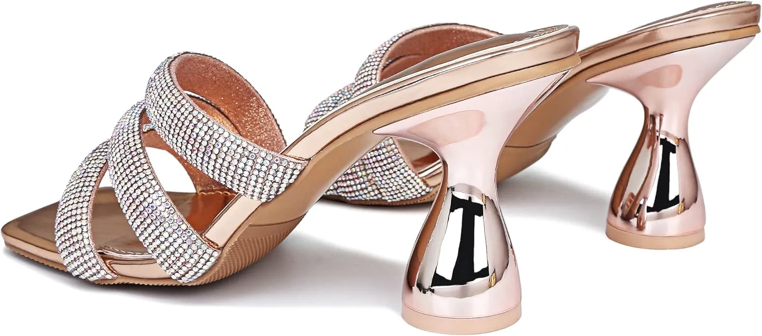 Women's Rhinestone Square Heeled Sandals Slip On Peep Toe Chunky Block Kitten High Heels Mules Slippers Slides Fashion Wedding Dress Backless Pump Shoes