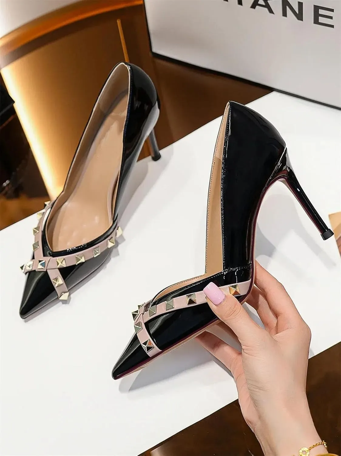 Women's Rivet Stiletto Pumps, Pointed Toe Luxury Designer Heels