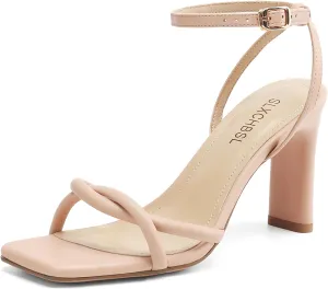 Womens Sandals Square Open Toe Strappy Heels for Women Dressy Chunky High Heels Ankle Buckle Heeled Sandals for Women Comfort Wedding Prom Party Shoes