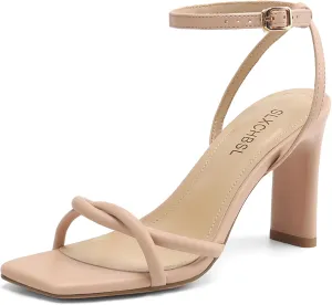 Womens Sandals Square Open Toe Strappy Heels for Women Dressy Chunky High Heels Ankle Buckle Heeled Sandals for Women Comfort Wedding Prom Party Shoes