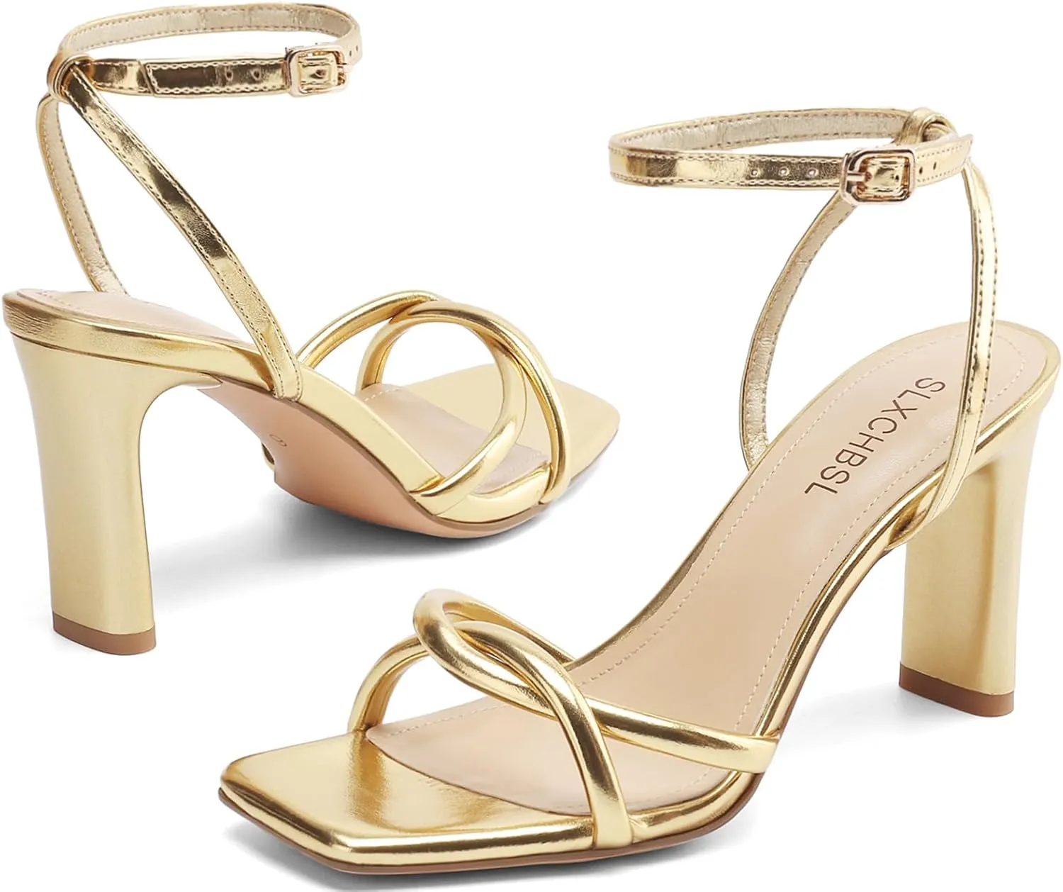 Womens Sandals Square Open Toe Strappy Heels for Women Dressy Chunky High Heels Ankle Buckle Heeled Sandals for Women Comfort Wedding Prom Party Shoes
