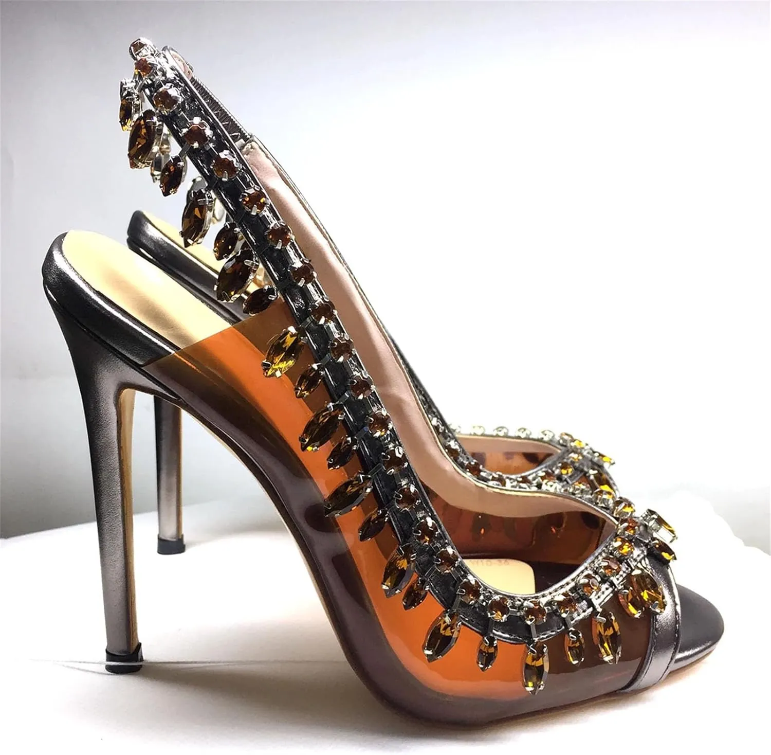 Women's Slingback PVC Sandals, Crystal Strap Stiletto Party Heels