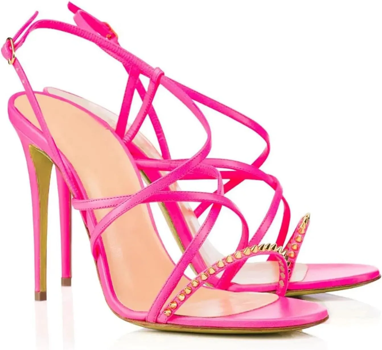 Women's Spiked Strappy Sandals, Black Pink Stiletto Party Heels