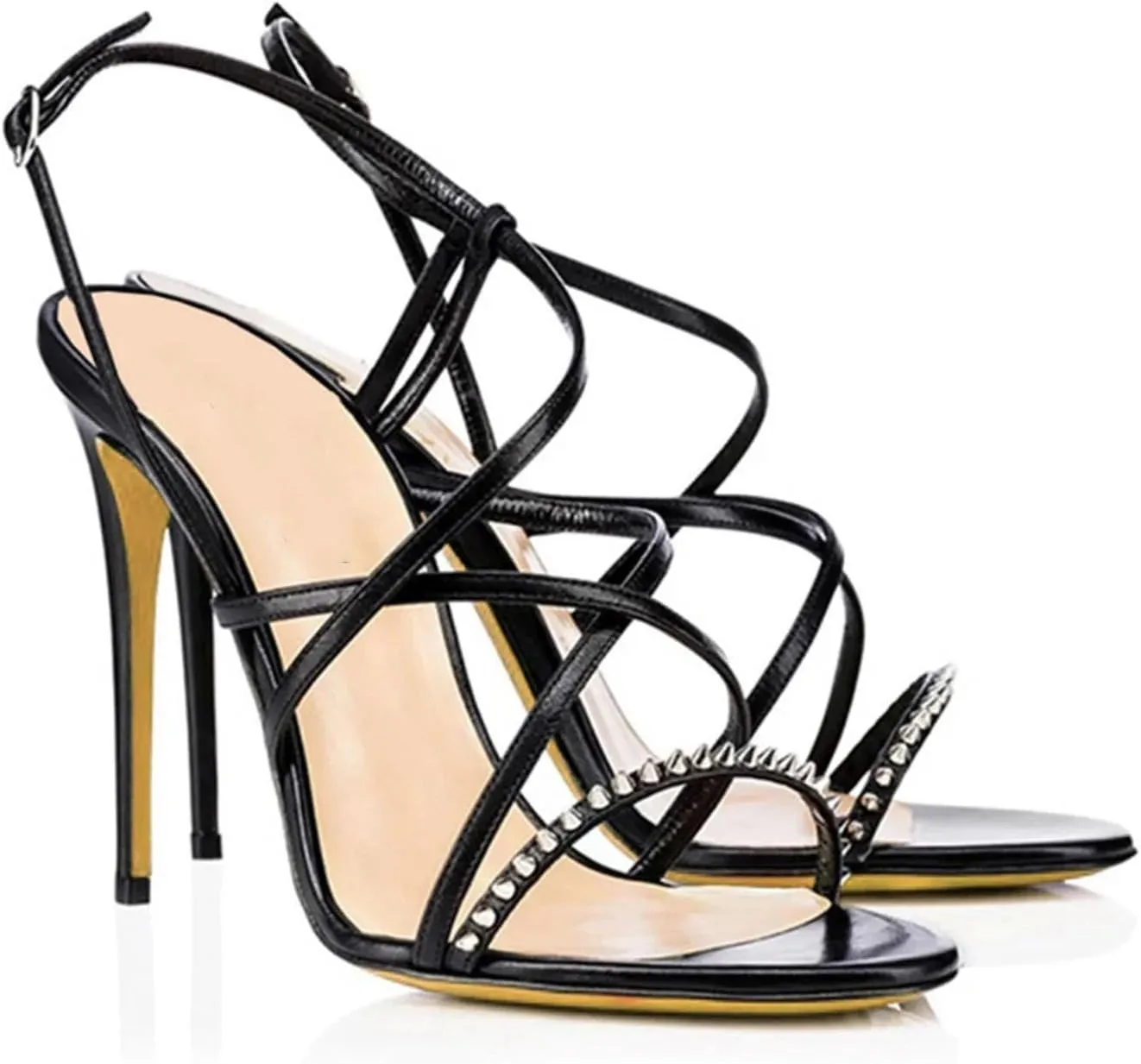 Women's Spiked Strappy Sandals, Black Pink Stiletto Party Heels