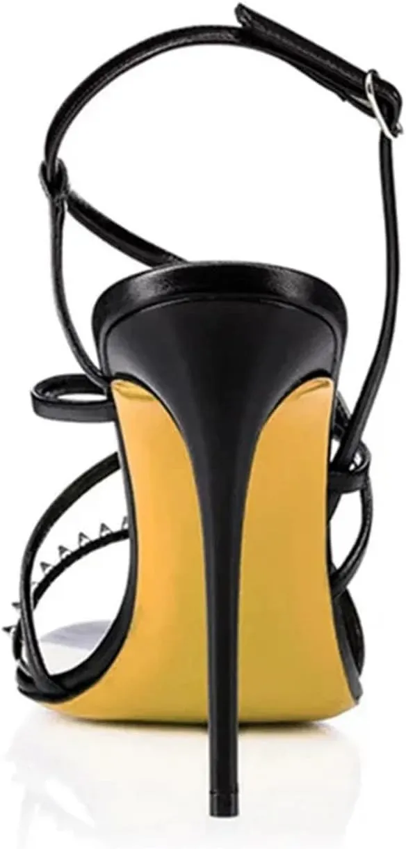 Women's Spiked Strappy Sandals, Black Pink Stiletto Party Heels