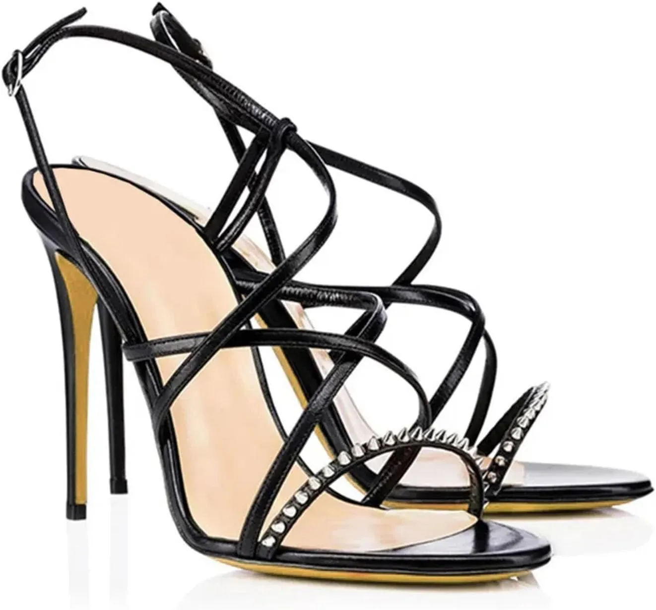 Women's Spiked Strappy Sandals, Black Pink Stiletto Party Heels