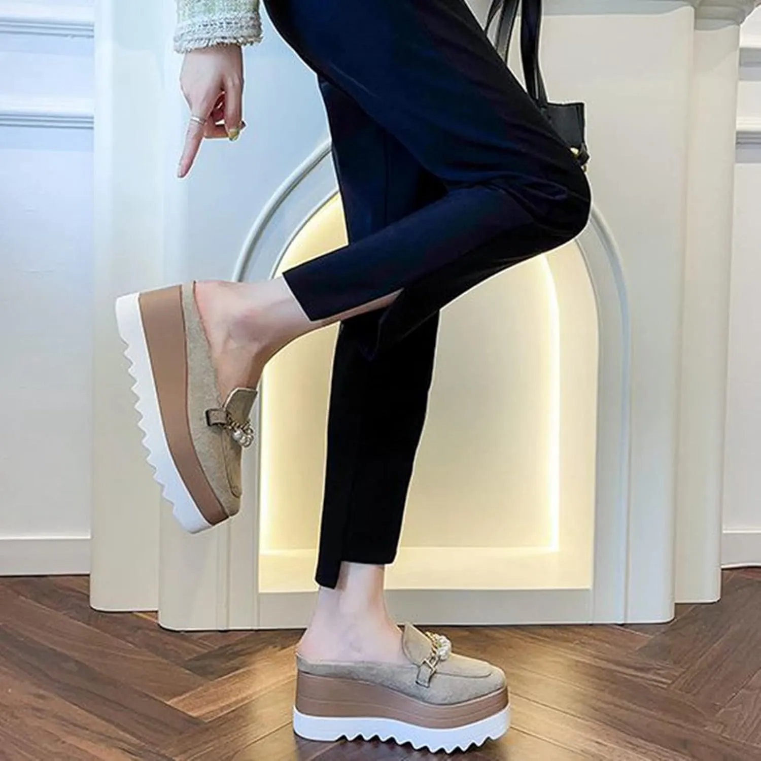 Womens Square Toe Platform Mules Faux Suede Pearl Metal Chain Fashion Slip On Wedge High Heel Slippers