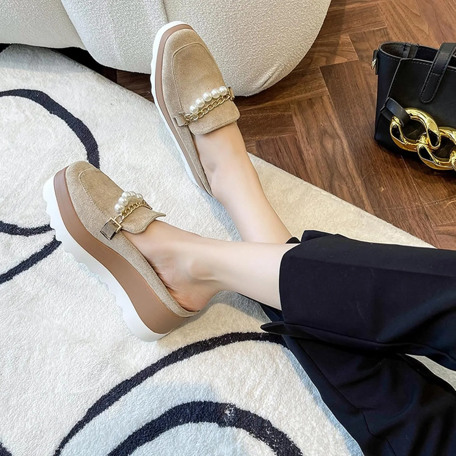 Womens Square Toe Platform Mules Faux Suede Pearl Metal Chain Fashion Slip On Wedge High Heel Slippers