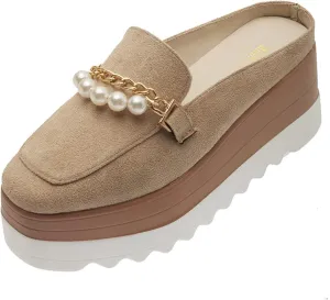 Womens Square Toe Platform Mules Faux Suede Pearl Metal Chain Fashion Slip On Wedge High Heel Slippers
