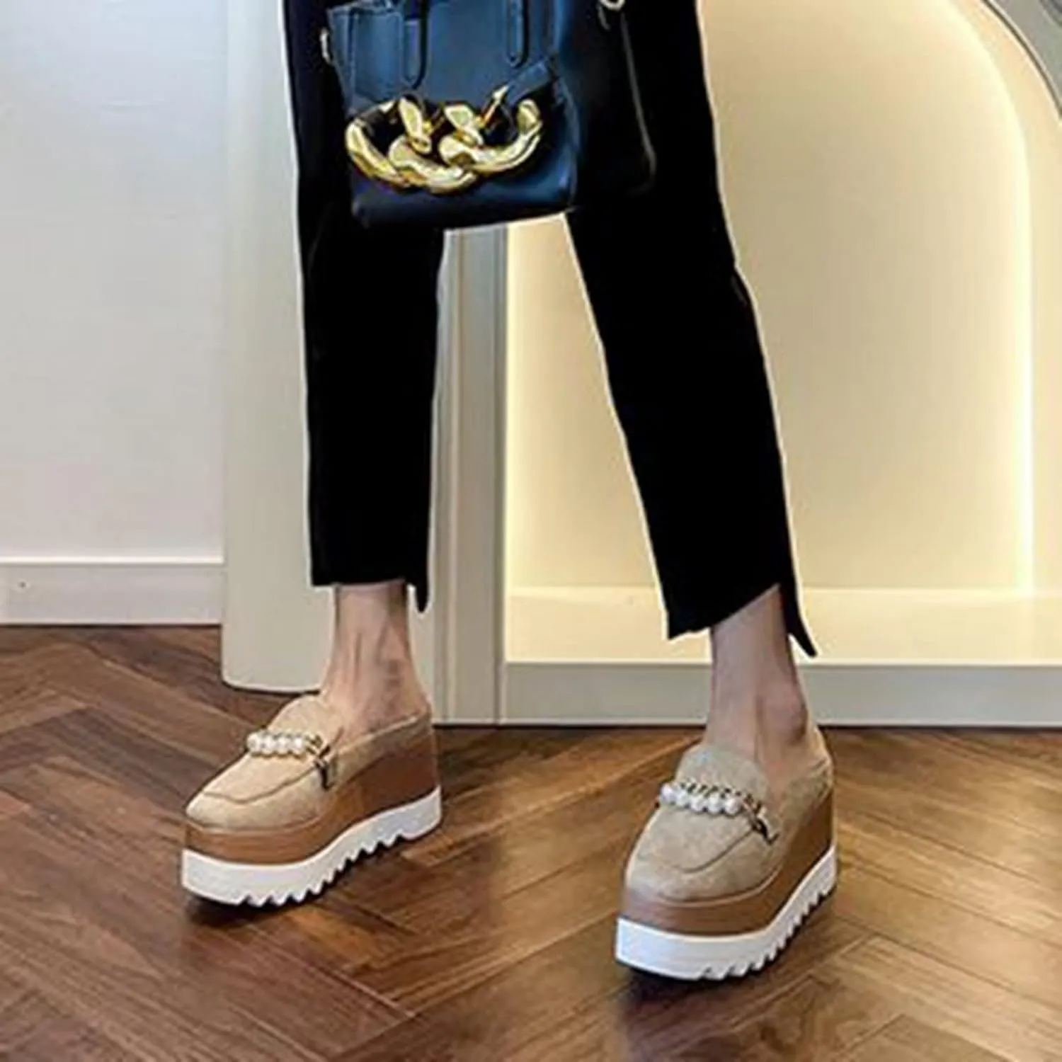 Womens Square Toe Platform Mules Faux Suede Pearl Metal Chain Fashion Slip On Wedge High Heel Slippers