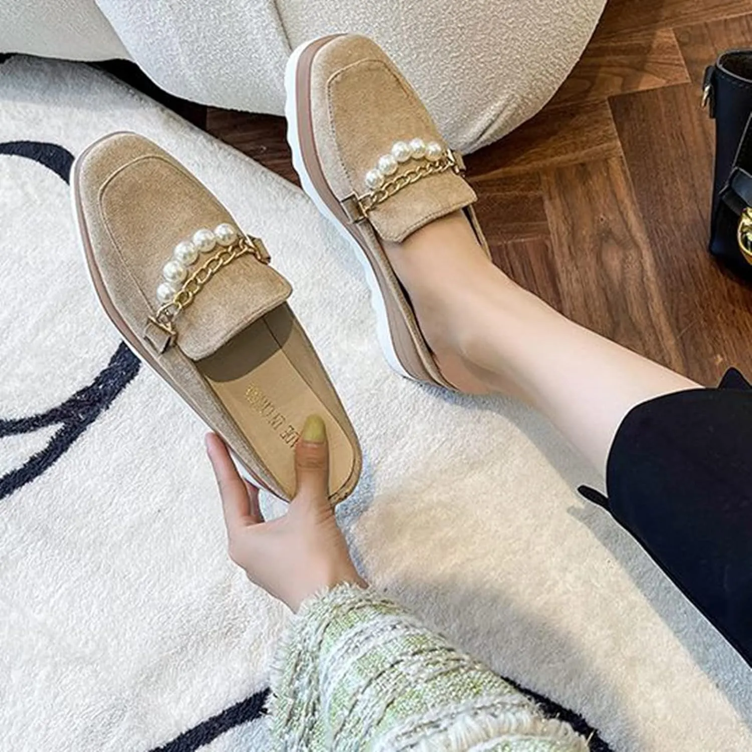 Womens Square Toe Platform Mules Faux Suede Pearl Metal Chain Fashion Slip On Wedge High Heel Slippers