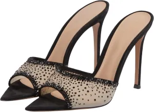 Womens Stiletto Heel Rhinestone Mesh Mules Slip On Pointed Toe Crystal Slides Slippers