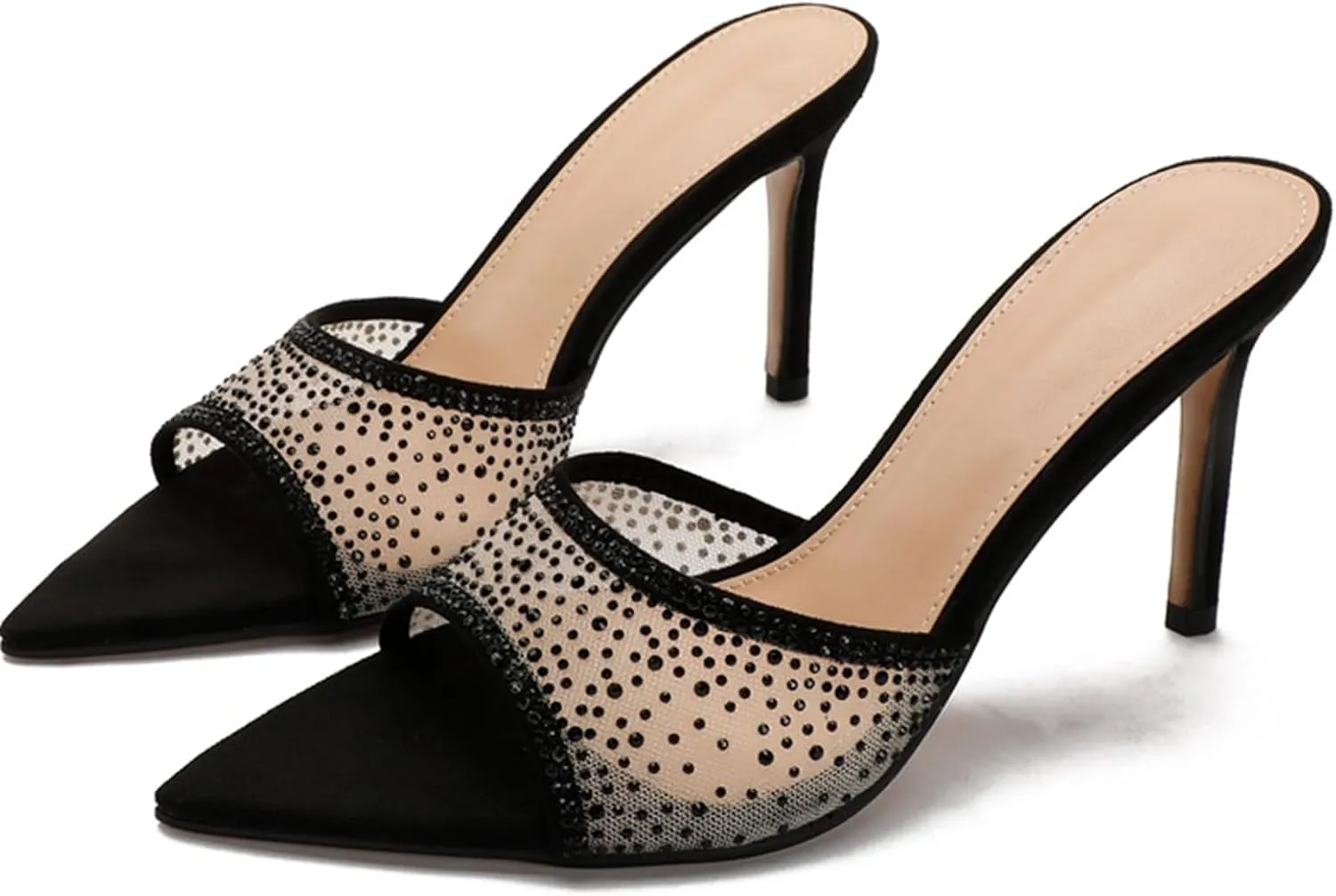 Womens Stiletto Heel Rhinestone Mesh Mules Slip On Pointed Toe Crystal Slides Slippers