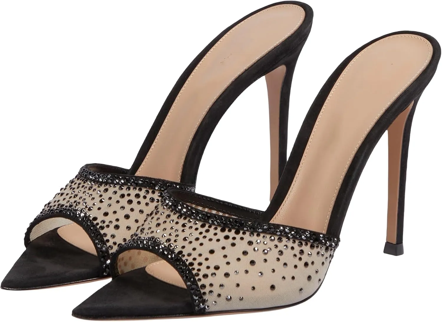Womens Stiletto Heel Rhinestone Mesh Mules Slip On Pointed Toe Crystal Slides Slippers