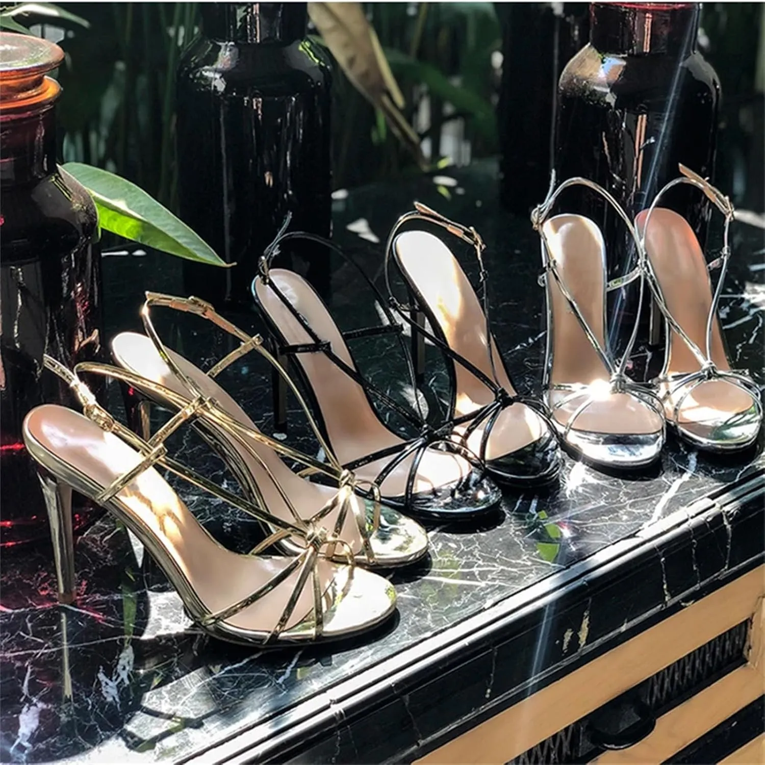 Women's Strappy Gold Sandals, Open Toe Stiletto Summer Party Heels